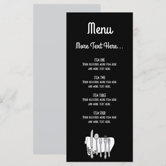 Menú Cubiertos en Blanco y Negro Diseño Editable 4" x 9 (Anverso / Reverso)