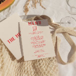 Menú Cuchillo de horquilla de mano moderna Boda retro q<br><div class="desc">Un colorido menú retro funky moderno de boda rojo y blanco. Que presenta un diseño de plantilla de moda de fondo lechoso cremoso y tipografía escrita a mano roja vívida. Con cuchillo de mano,  tenedor y cuchara. Una perfecta y a juego con la suite.</div>