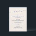 Menú Custom Minimalist Classic Blue Wedding Dinner<br><div class="desc">This wedding menu sign features refined script lettering paired with classic serif typography in blue on a champagne background for a timeless, elevated look. The minimalist layout highlights each course clearly while adding a sophisticated design element to your reception space. Ideal for modern and stylish weddings, it complements elegant table...</div>