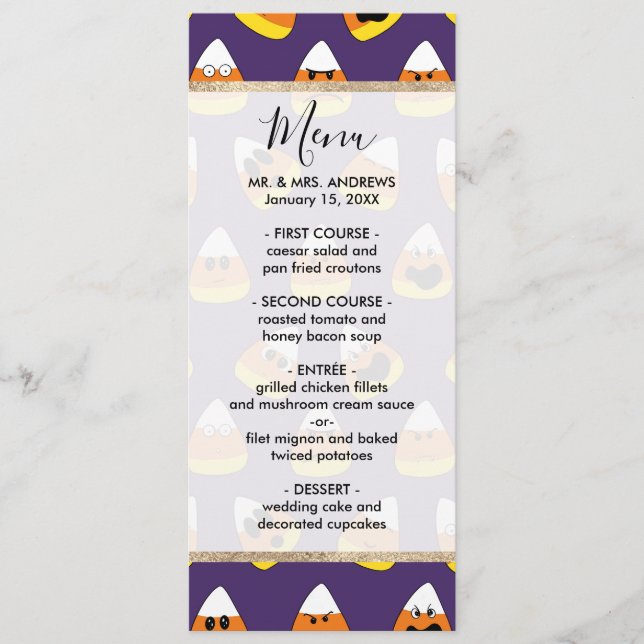 Menú Cute Naranja Morado Emoji Halloween Candy Corn (Anverso)