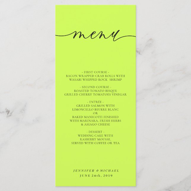 Menú Cyber Lime Jet Black Simple Script Wedding Dinner (Anverso)