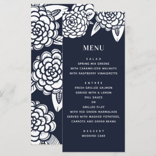 Menú Dahlia. Boda floral moderno de la marina. Azul bot