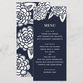 Menú Dalia. Boda floral moderna naval. Botánico azul