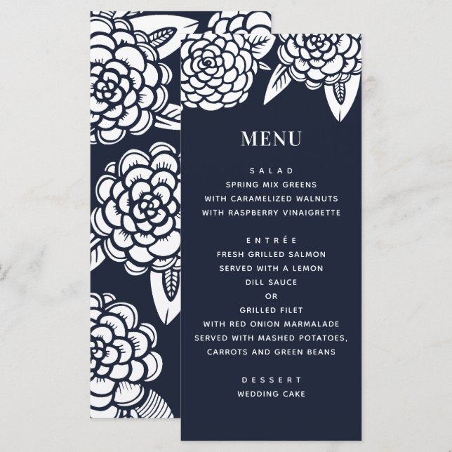 Menú Dalia. Boda floral moderna naval. Botánico azul (Anverso / Reverso)