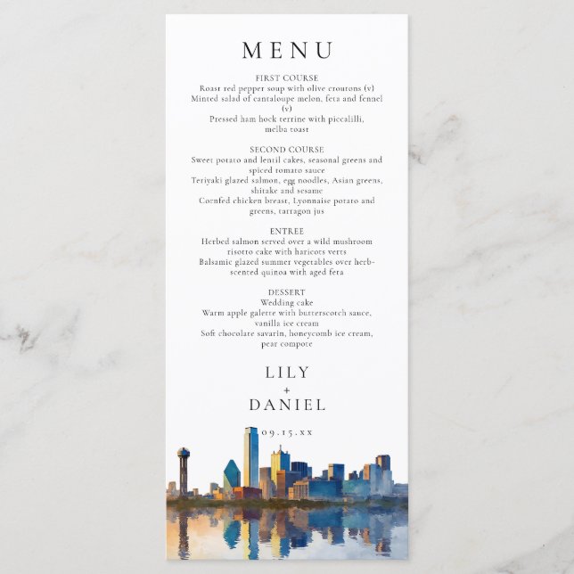 Menú Dallas Skyline Watercolor Destination Wedding (Anverso)
