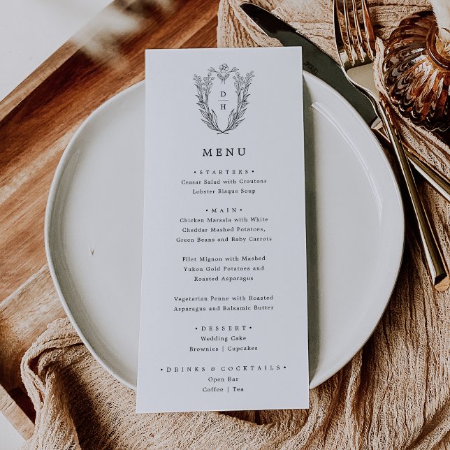 Menú DAPHNE Minimalista Boda de verde blanco negro (DAPHNE Minimalist Black White Greenery Wedding Menu)