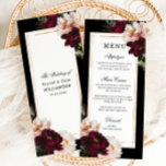 Menú Dark Moody Burgundy Rubor Floral Gold Boda<br><div class="desc">Personalice esta elegante carta de menú delgado de boda de forma fácil y rápida. Simplemente haga clic en el botón Editar usando herramientas de diseño para editar el texto, cambiar fuentes y colores de fuentes. Con hermosas flores reales de borgoña y rubia sobre un fondo negro oscuro. Elementos coincidentes disponibles...</div>