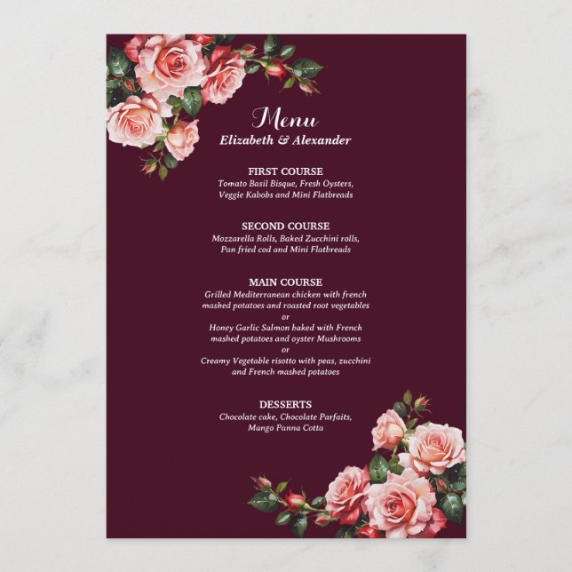 Menú Dark moody pink and red roses burgundy  wedding (Anverso)