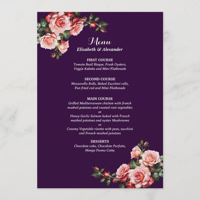 Menú Dark moody pink and red roses purple wedding (Anverso)