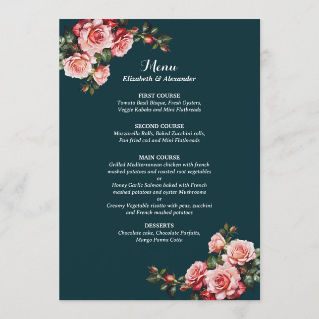 Menú Dark moody pink and red roses teal wedding (Anverso)