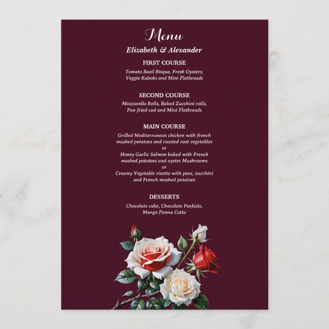 Menú Dark Pretty pink white red roses floral wedding  (Anverso)