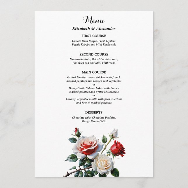 Menú Dark Pretty pink white red roses floral wedding  (Anverso)