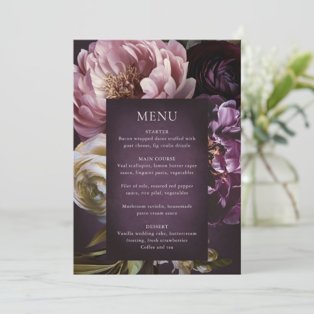 Menú Dark Purple Fine Art Floral Elegant Wedding (Anverso de pie)