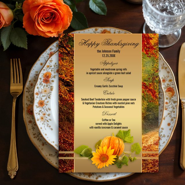 Menú de Acción de Gracias Oro Caída (Elegant Thanksgiving fall menu card featuring a pumpkin with sunflower on a gold stylized background)