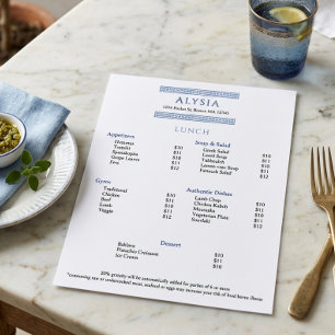 Menú de almuerzo de restaurante griego elegante si