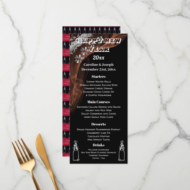 Menú de Año Nuevo negro y plata y champán burbujea (Anverso/Reverso In Situ)