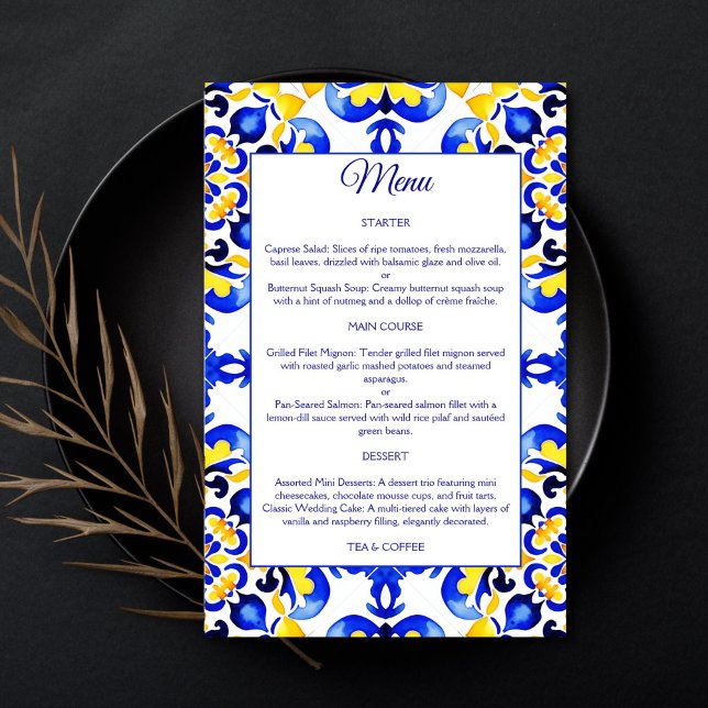 Menú de azulejos azules mediterráneos de Talavera (Talavera azulejo Mediterranean Maiolica blue tiles menu card blue and yellow tiles menu table decor)