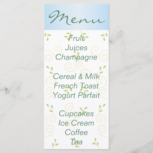 Menú de Baby Shower "Aves azules de oro" (Anverso)