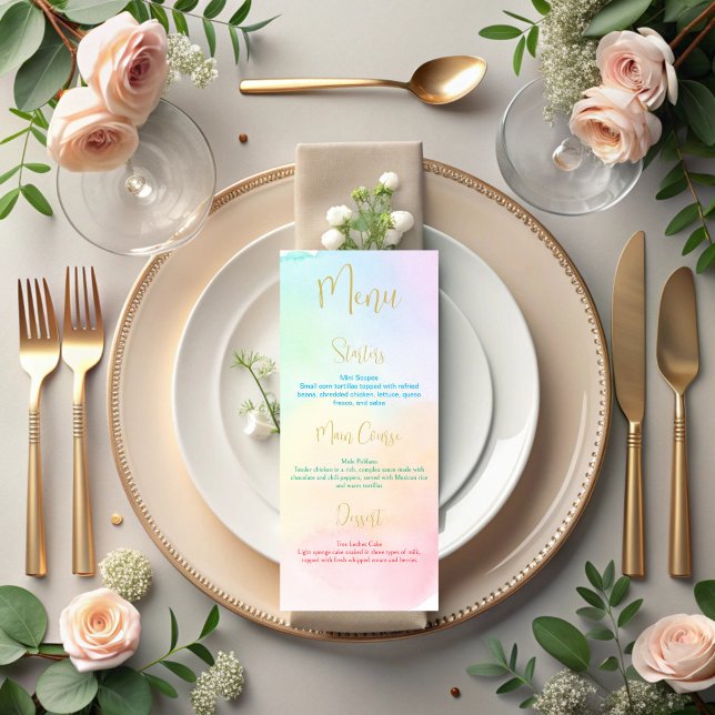 Menú de baby shower con arcoíris ombre pastel (Pastel rainbow ombre baby shower party menu cards)