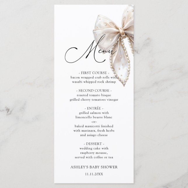 Menú de baby shower con lazo elegante (Anverso)