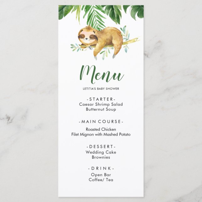 Menú de Baby Shower Tropical Boy Sloth (Anverso)