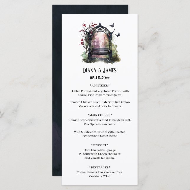 Menú de banco de jardín gótico elegante (Anverso / Reverso)