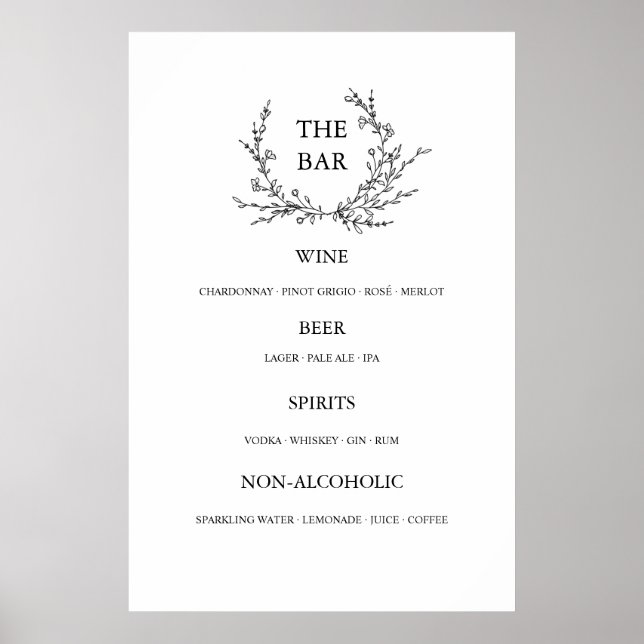 Menú de Bar Abierto de Boda con Arte de Línea Flor (Frente)