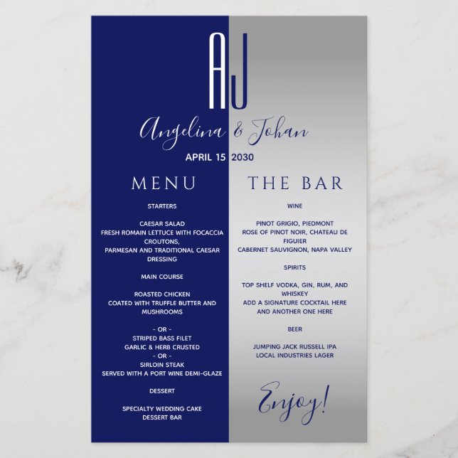 Menú de Bar de Boda Azul Marino Elegante (Anverso)