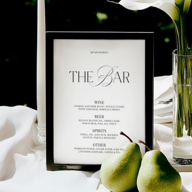 Menú de Bar de Boda Elegante en Blanco y Negro (Elegant Black & White Wedding Bar Menu)