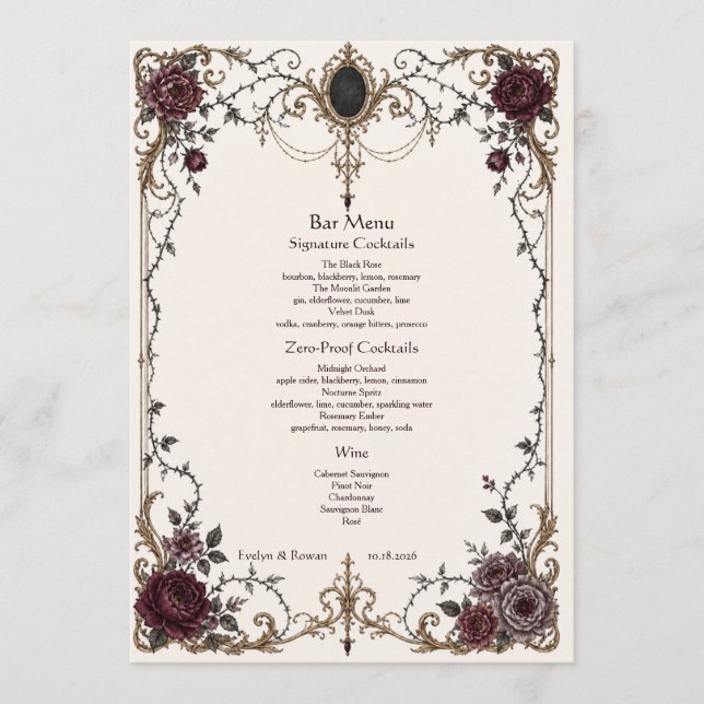 Menú de Bar de Boda Floral Gótico Victoriano Oscur (Anverso)