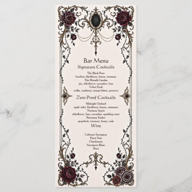 Menú de Bar de Boda Floral Gótico Victoriano Oscur (Anverso)