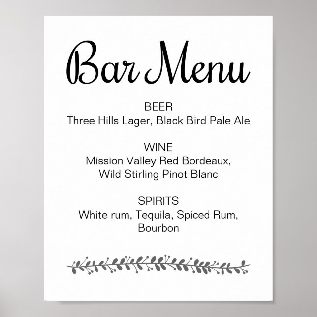 Menú de Bar de Boda Señal de Recepción Elegante (Frente)