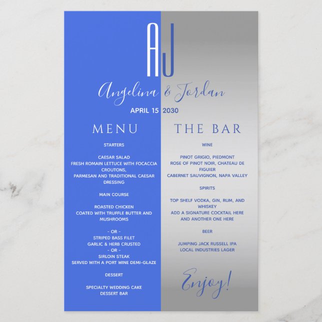 Menú de barra de Boda azul real (Anverso)