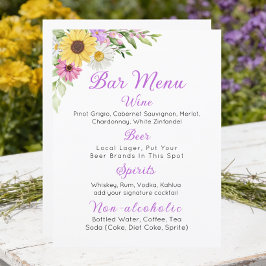 Menú de barra de boda floral con girasoles y marga