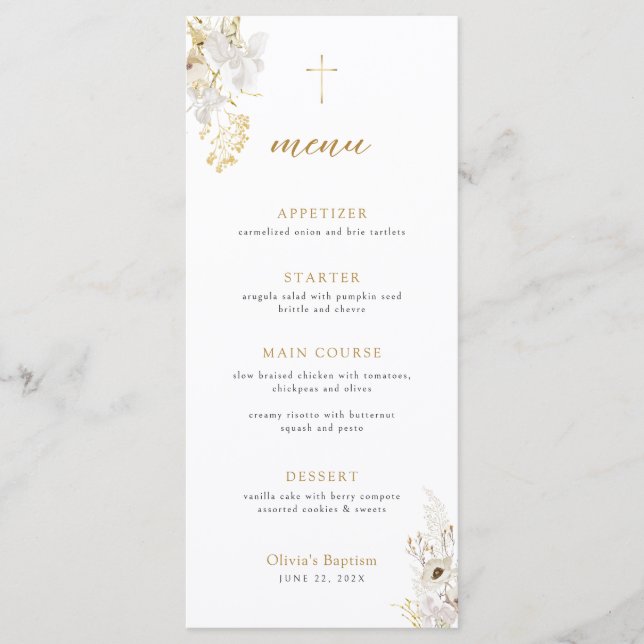 Menú de Bautismo con Flor de Marfil Neutral Oro (Anverso)