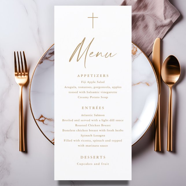 Menú de Bautismo Cruzado de Oro con Guión Moderno (Modern gold script baptism menu.)