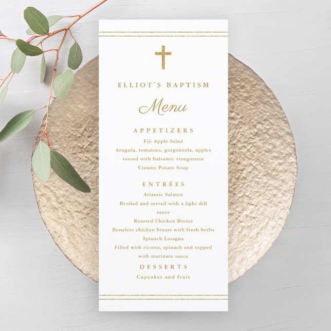 Menú de Bautizo Cruz de Oro Elegante (Elegant gold cross gender neutral baptism menu.)