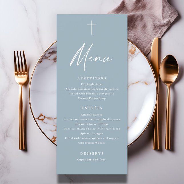 Menú de Bautizo en Azul Polvo con Letra Moderna (Modern script dusty blue baptism menu.)