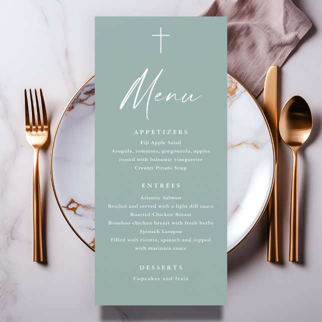 Menú de Bautizo Verde Sage en Letra Moderna (Modern sage green script baptism menu.)