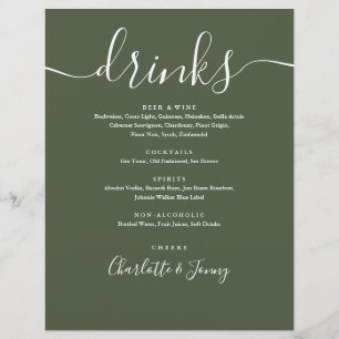Menú de bebidas Bodas de escritura moderna verde o