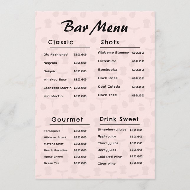 Menú de bebidas de barra simple rosa (Anverso)