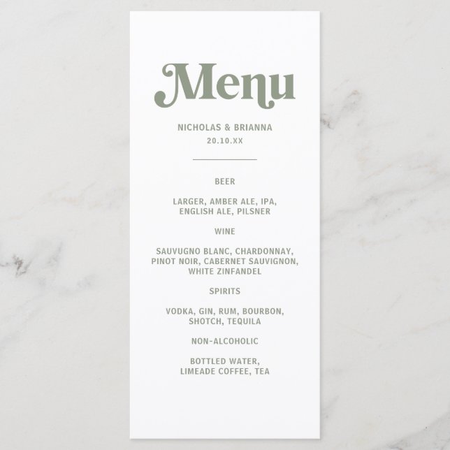 Menú de Bebidas de Boda Boho Retro Verde Salvia (Anverso)