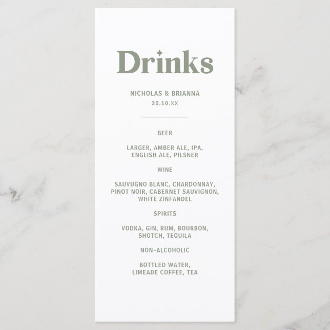 Menú de Bebidas de Boda Boho Retro Verde Salvia (Anverso)