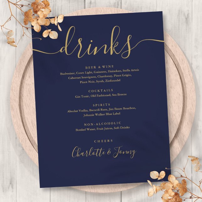 Menú de Bebidas de Boda con Escritura Moderna en A (Navy Blue Gold Modern Script Wedding Drinks Menu Flyer)