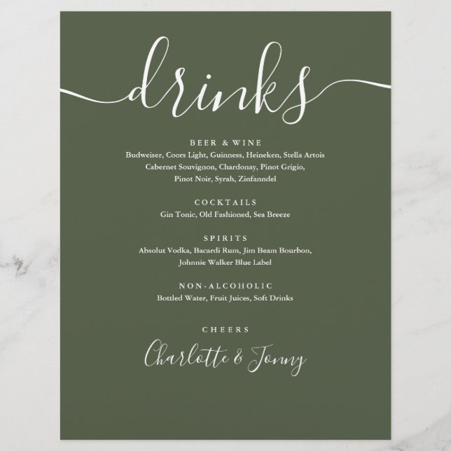 Menú de Bebidas de Boda con Letra Moderna en Verde (Frente)