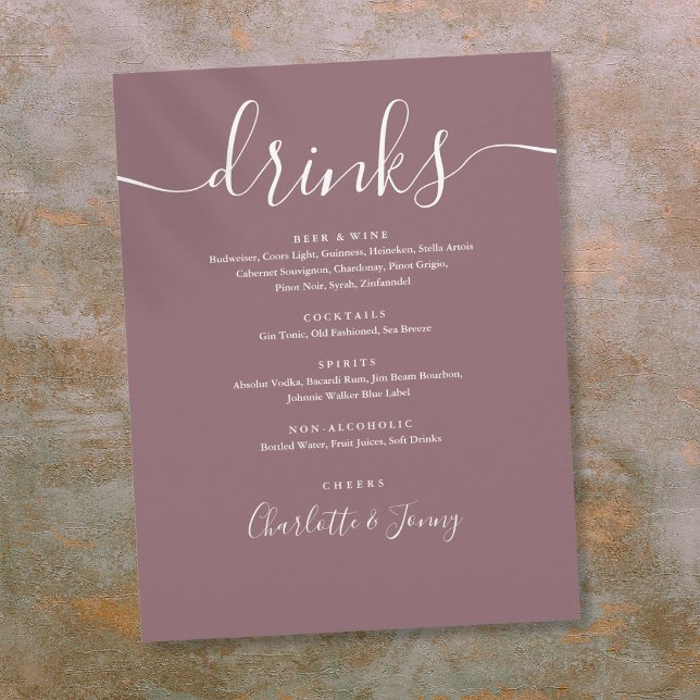 Menú de Bebidas de Boda con Letra Moderna Mauve (Mauve Modern Script Wedding Drinks Menu Flyer)