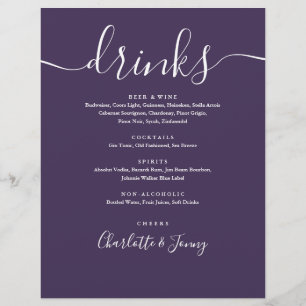 Menú de Bebidas de Boda con Letra Moderna Morada