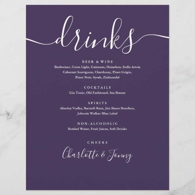 Menú de Bebidas de Boda con Letra Moderna Morada (Frente)