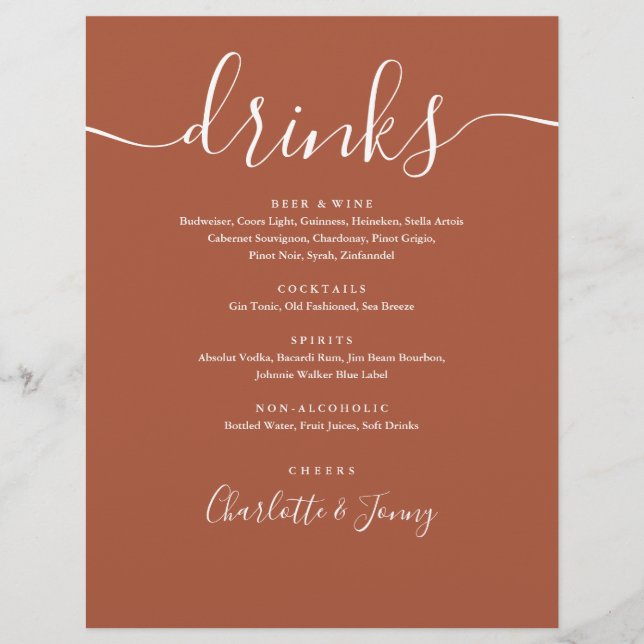 Menú de Bebidas de Boda con Letra Moderna Terracot (Frente)