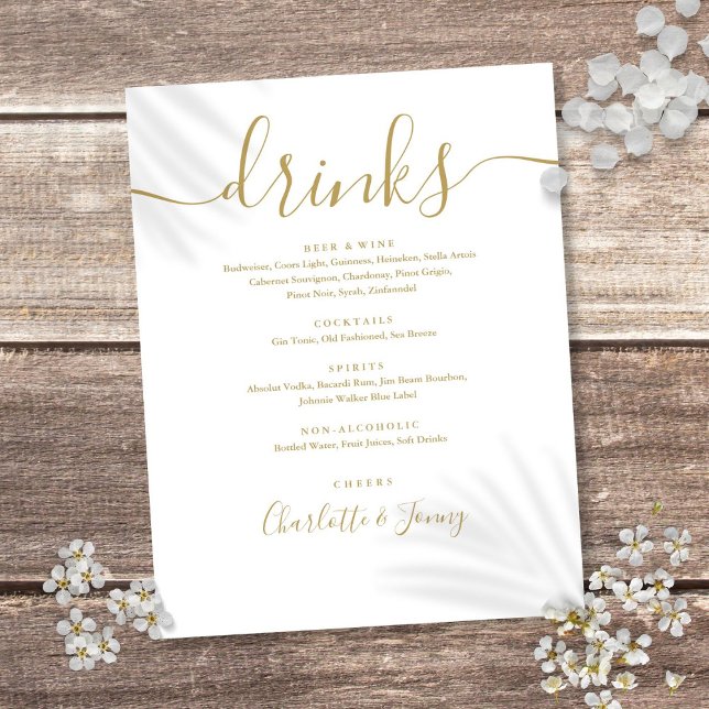 Menú de bebidas de Boda de guiones modernos de oro (Gold Modern Script Wedding Drinks Menu Flyer)